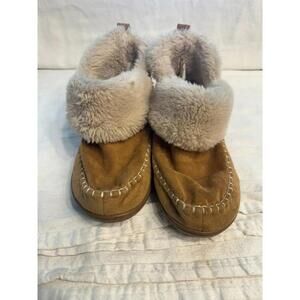 Dearfoams Women's Size L 9-10 Chestnut Suede Slipper Booties Faux Fur Lining